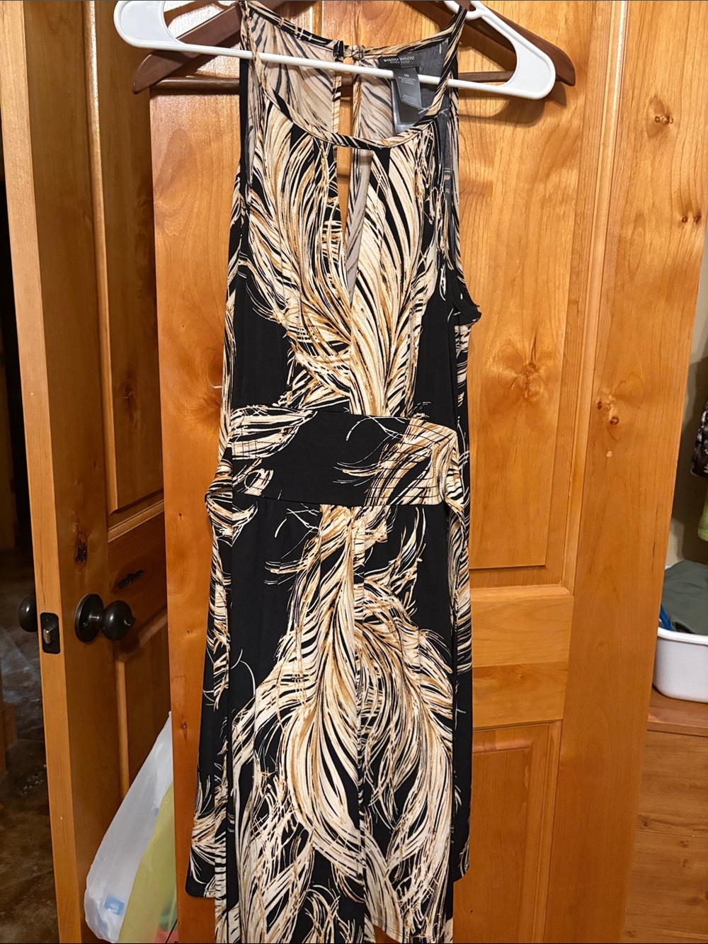 Black and Cream Feather-Print Halter Dress